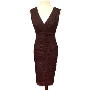 NWOT Tadashi Shoji Silk Chiffon Brown Ruched Vintage Sheath Slip Column Dress 8